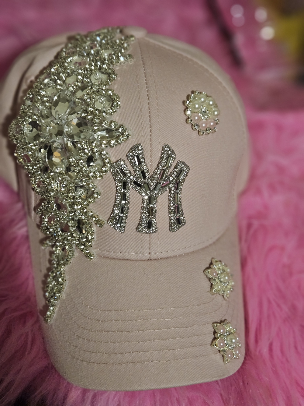 Rhinestone-Embellished Pink Baseball Cap